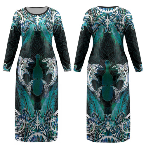 New Zealand Kotiate Weapon Couples Matching Long Sleeve Bodycon Dress and Long Sleeve Button Shirt Aotearoa Mango Paua Shell Maori Pattern LT22