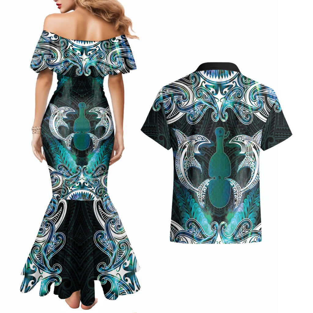 New Zealand Kotiate Weapon Couples Matching Mermaid Dress and Hawaiian Shirt Aotearoa Mango Paua Shell Maori Pattern