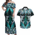 New Zealand Kotiate Weapon Couples Matching Off Shoulder Maxi Dress and Hawaiian Shirt Aotearoa Mango Paua Shell Maori Pattern