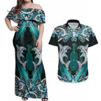 New Zealand Kotiate Weapon Couples Matching Off Shoulder Maxi Dress and Hawaiian Shirt Aotearoa Mango Paua Shell Maori Pattern