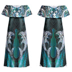 New Zealand Kotiate Weapon Couples Matching Off Shoulder Maxi Dress and Hawaiian Shirt Aotearoa Mango Paua Shell Maori Pattern LT22