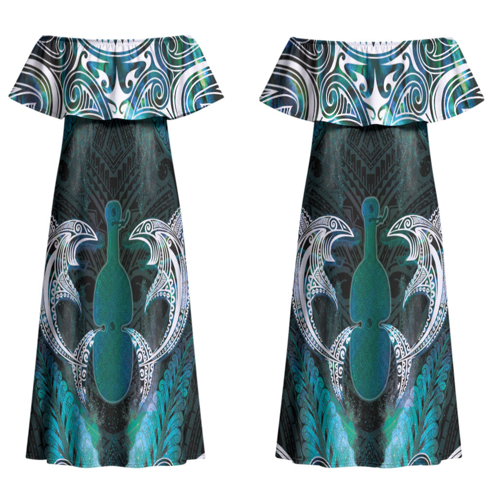 New Zealand Kotiate Weapon Couples Matching Off Shoulder Maxi Dress and Hawaiian Shirt Aotearoa Mango Paua Shell Maori Pattern LT22