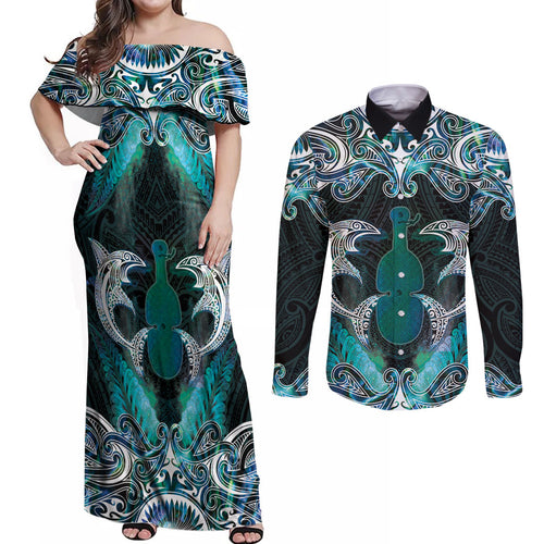 New Zealand Kotiate Weapon Couples Matching Off Shoulder Maxi Dress and Long Sleeve Button Shirt Aotearoa Mango Paua Shell Maori Pattern