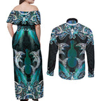 New Zealand Kotiate Weapon Couples Matching Off Shoulder Maxi Dress and Long Sleeve Button Shirt Aotearoa Mango Paua Shell Maori Pattern