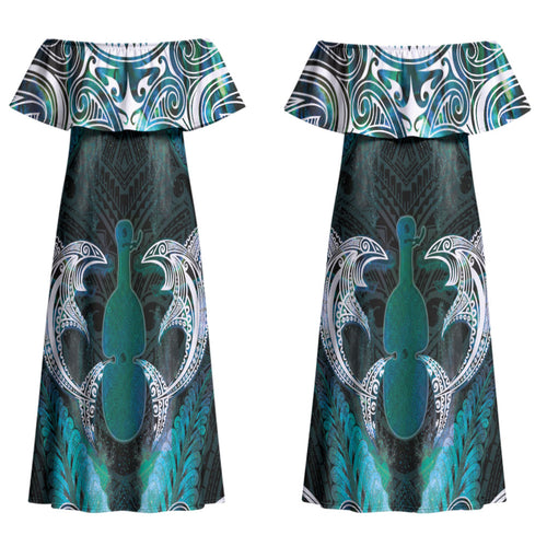 New Zealand Kotiate Weapon Couples Matching Off Shoulder Maxi Dress and Long Sleeve Button Shirt Aotearoa Mango Paua Shell Maori Pattern LT22