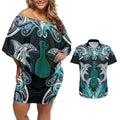 New Zealand Kotiate Weapon Couples Matching Off Shoulder Short Dress and Hawaiian Shirt Aotearoa Mango Paua Shell Maori Pattern