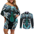 New Zealand Kotiate Weapon Couples Matching Off Shoulder Short Dress and Long Sleeve Button Shirt Aotearoa Mango Paua Shell Maori Pattern