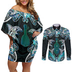 New Zealand Kotiate Weapon Couples Matching Off Shoulder Short Dress and Long Sleeve Button Shirt Aotearoa Mango Paua Shell Maori Pattern