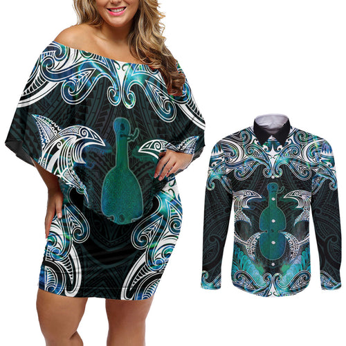 New Zealand Kotiate Weapon Couples Matching Off Shoulder Short Dress and Long Sleeve Button Shirt Aotearoa Mango Paua Shell Maori Pattern