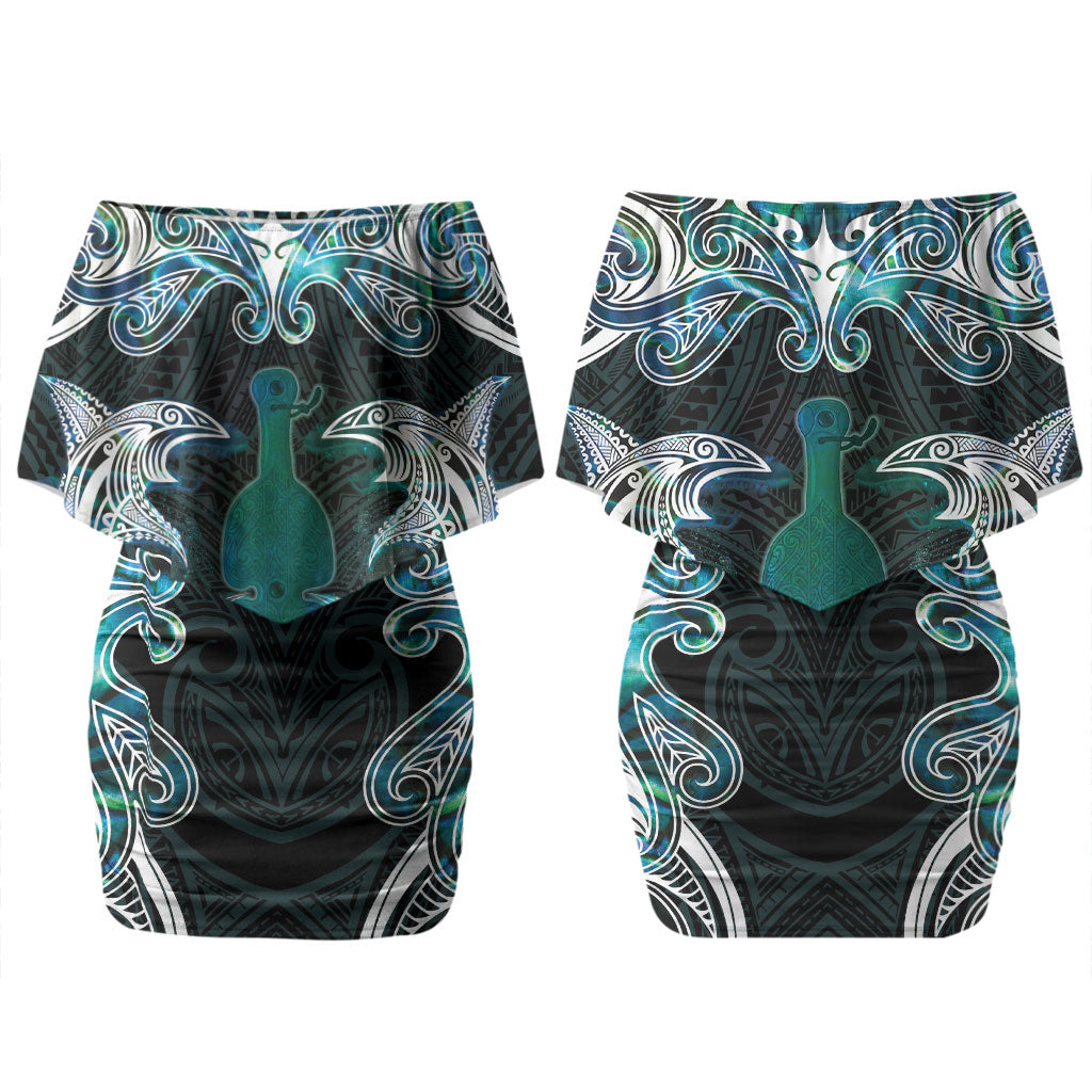 New Zealand Kotiate Weapon Couples Matching Off Shoulder Short Dress and Long Sleeve Button Shirt Aotearoa Mango Paua Shell Maori Pattern LT22