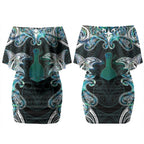 New Zealand Kotiate Weapon Couples Matching Off Shoulder Short Dress and Long Sleeve Button Shirt Aotearoa Mango Paua Shell Maori Pattern LT22