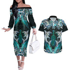 New Zealand Kotiate Weapon Couples Matching Off The Shoulder Long Sleeve Dress and Hawaiian Shirt Aotearoa Mango Paua Shell Maori Pattern