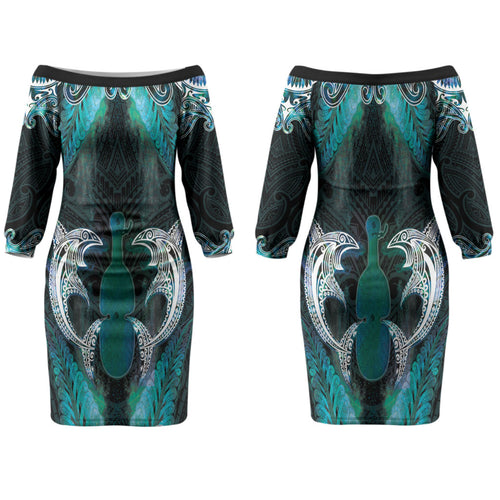 New Zealand Kotiate Weapon Couples Matching Off The Shoulder Long Sleeve Dress and Hawaiian Shirt Aotearoa Mango Paua Shell Maori Pattern LT22