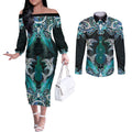 New Zealand Kotiate Weapon Couples Matching Off The Shoulder Long Sleeve Dress and Long Sleeve Button Shirt Aotearoa Mango Paua Shell Maori Pattern