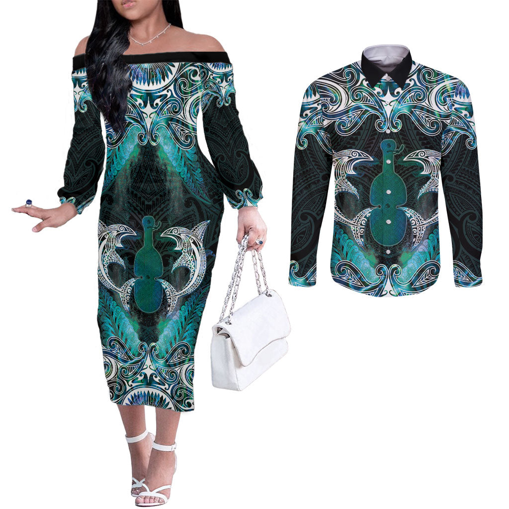New Zealand Kotiate Weapon Couples Matching Off The Shoulder Long Sleeve Dress and Long Sleeve Button Shirt Aotearoa Mango Paua Shell Maori Pattern