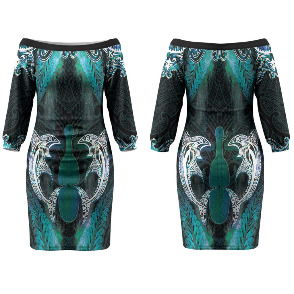 New Zealand Kotiate Weapon Couples Matching Off The Shoulder Long Sleeve Dress and Long Sleeve Button Shirt Aotearoa Mango Paua Shell Maori Pattern LT22