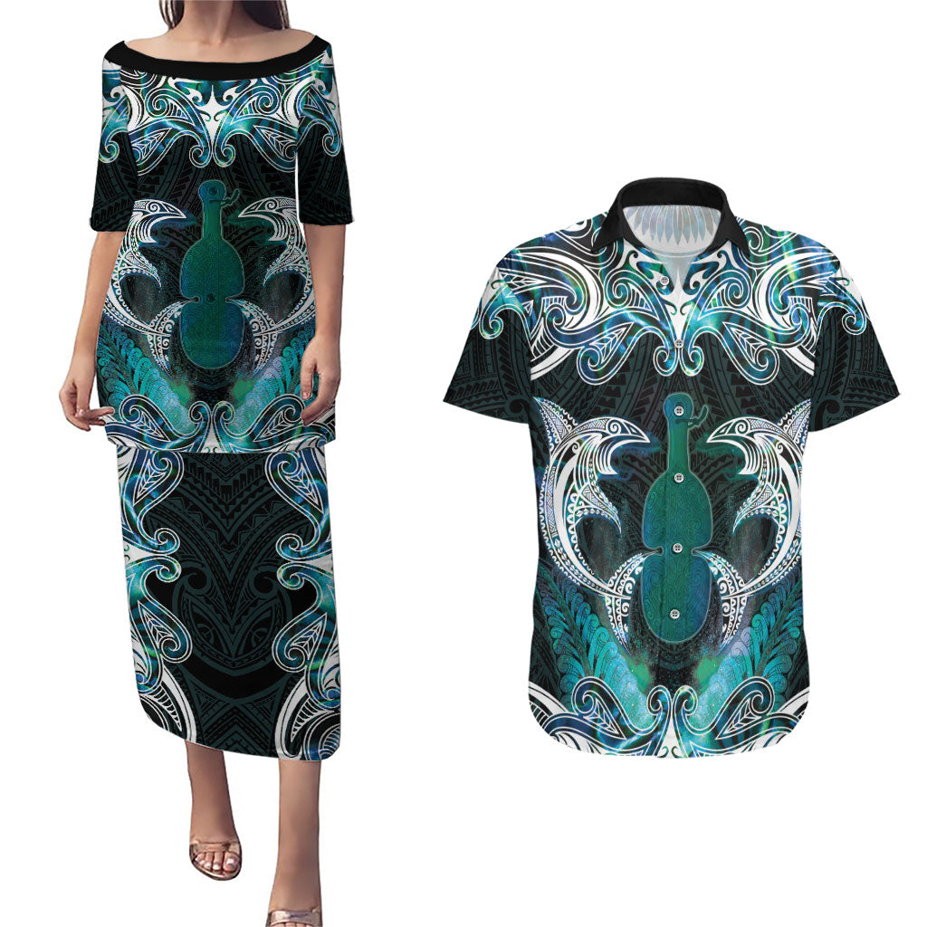 New Zealand Kotiate Weapon Couples Matching Puletasi and Hawaiian Shirt Aotearoa Mango Paua Shell Maori Pattern