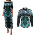 New Zealand Kotiate Weapon Couples Matching Puletasi and Long Sleeve Button Shirt Aotearoa Mango Paua Shell Maori Pattern