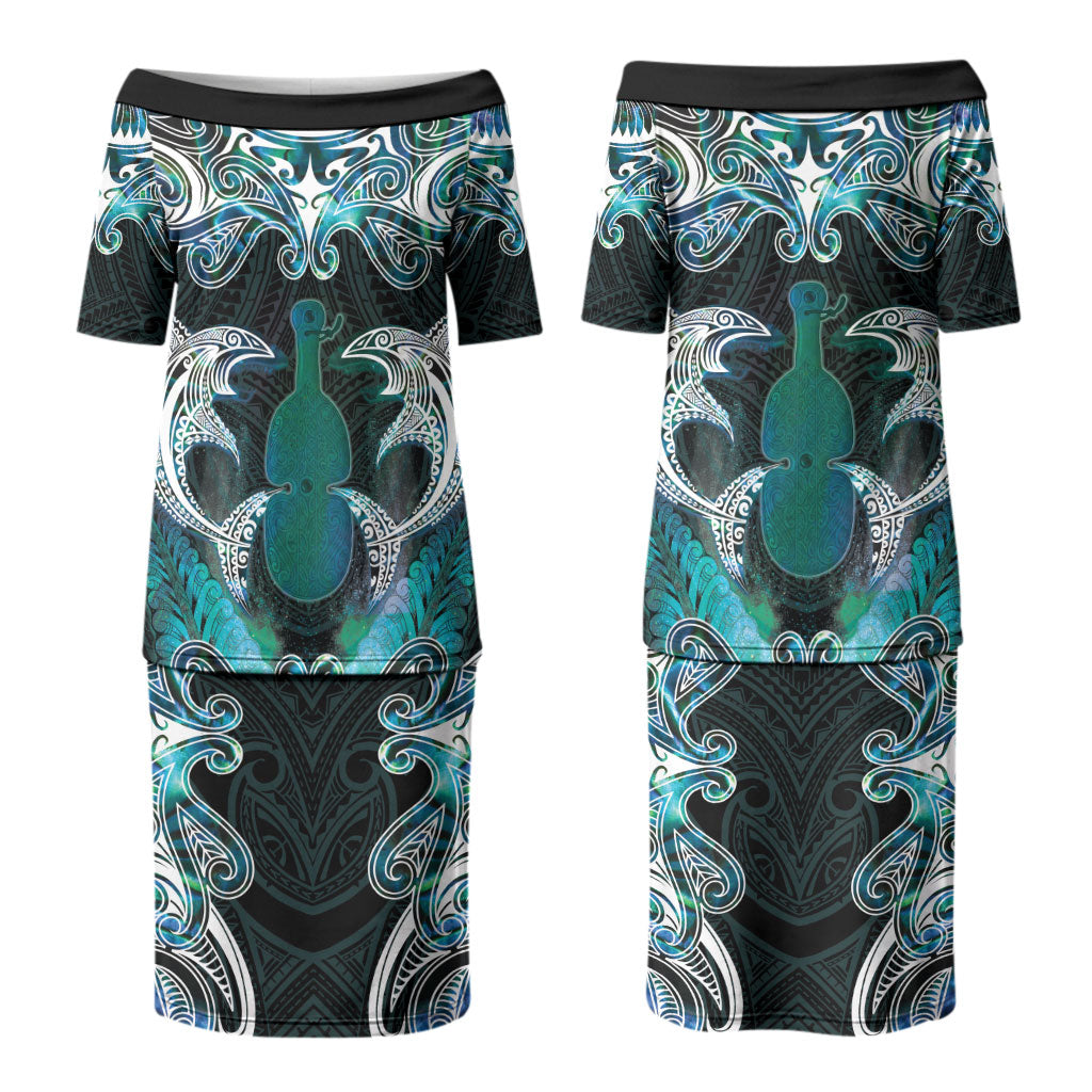 New Zealand Kotiate Weapon Couples Matching Puletasi and Long Sleeve Button Shirt Aotearoa Mango Paua Shell Maori Pattern LT22