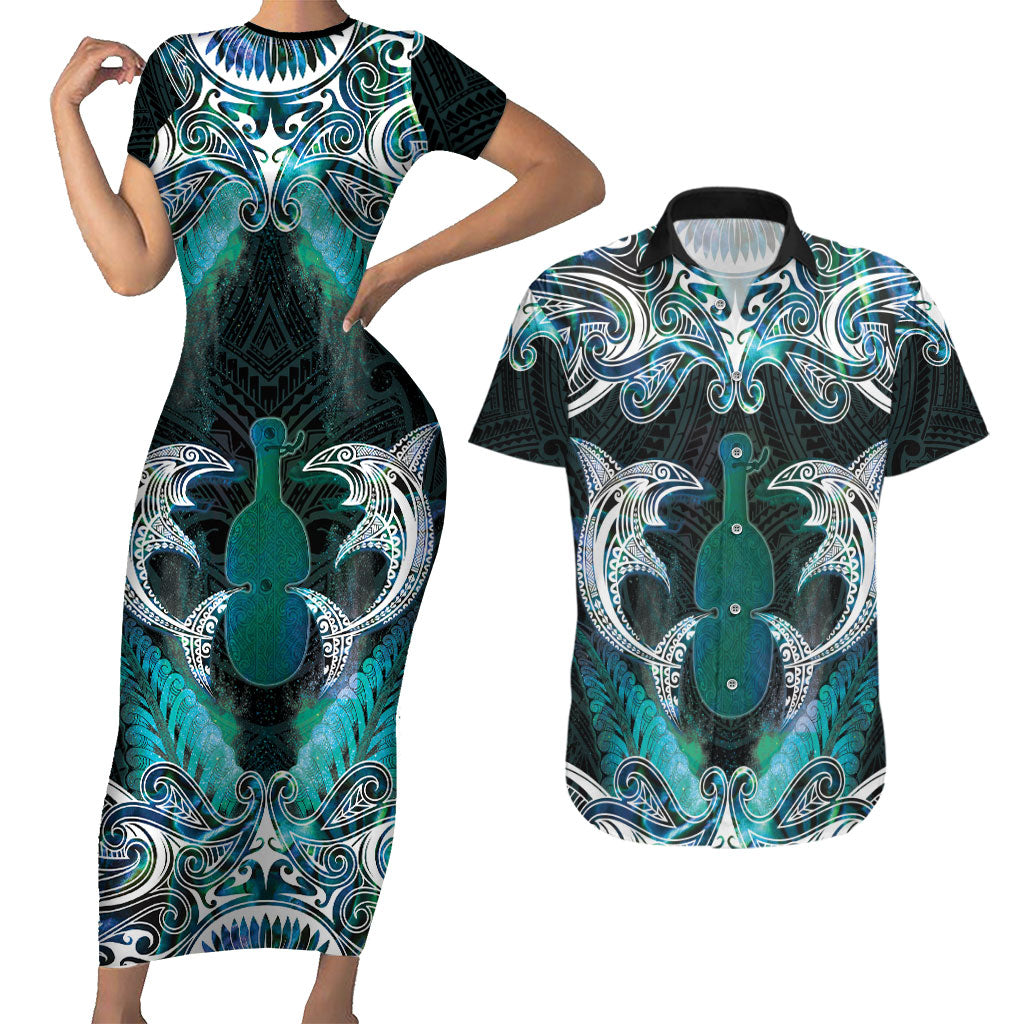New Zealand Kotiate Weapon Couples Matching Short Sleeve Bodycon Dress and Hawaiian Shirt Aotearoa Mango Paua Shell Maori Pattern