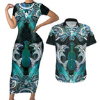 New Zealand Kotiate Weapon Couples Matching Short Sleeve Bodycon Dress and Hawaiian Shirt Aotearoa Mango Paua Shell Maori Pattern