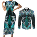 New Zealand Kotiate Weapon Couples Matching Short Sleeve Bodycon Dress and Long Sleeve Button Shirt Aotearoa Mango Paua Shell Maori Pattern