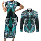 New Zealand Kotiate Weapon Couples Matching Short Sleeve Bodycon Dress and Long Sleeve Button Shirt Aotearoa Mango Paua Shell Maori Pattern