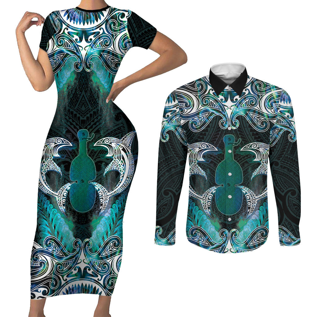 New Zealand Kotiate Weapon Couples Matching Short Sleeve Bodycon Dress and Long Sleeve Button Shirt Aotearoa Mango Paua Shell Maori Pattern
