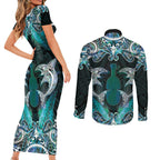 New Zealand Kotiate Weapon Couples Matching Short Sleeve Bodycon Dress and Long Sleeve Button Shirt Aotearoa Mango Paua Shell Maori Pattern
