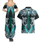 New Zealand Kotiate Weapon Couples Matching Summer Maxi Dress and Hawaiian Shirt Aotearoa Mango Paua Shell Maori Pattern