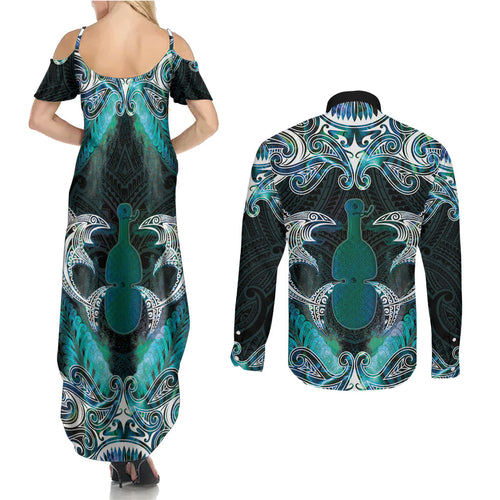 New Zealand Kotiate Weapon Couples Matching Summer Maxi Dress and Long Sleeve Button Shirt Aotearoa Mango Paua Shell Maori Pattern