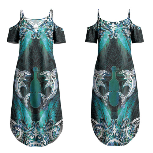 New Zealand Kotiate Weapon Couples Matching Summer Maxi Dress and Long Sleeve Button Shirt Aotearoa Mango Paua Shell Maori Pattern LT22