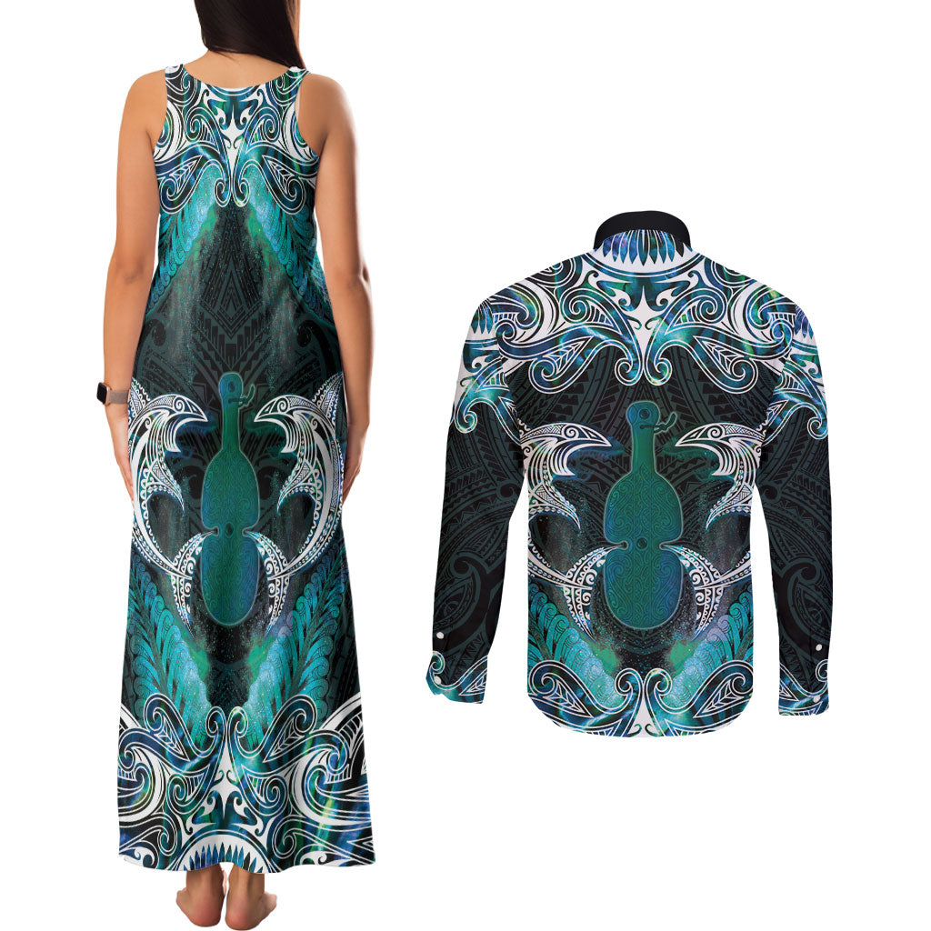 New Zealand Kotiate Weapon Couples Matching Tank Maxi Dress and Long Sleeve Button Shirt Aotearoa Mango Paua Shell Maori Pattern