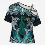 New Zealand Kotiate Weapon Cross Shoulder Shirt Aotearoa Mango Paua Shell Maori Pattern