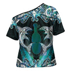 New Zealand Kotiate Weapon Cross Shoulder Shirt Aotearoa Mango Paua Shell Maori Pattern
