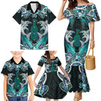 New Zealand Kotiate Weapon Family Matching Mermaid Dress and Hawaiian Shirt Aotearoa Mango Paua Shell Maori Pattern