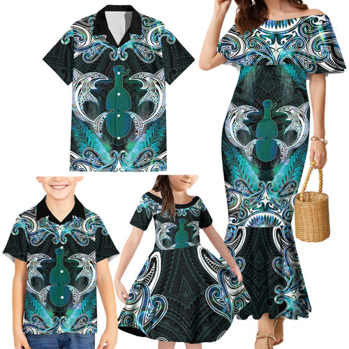 New Zealand Kotiate Weapon Family Matching Mermaid Dress and Hawaiian Shirt Aotearoa Mango Paua Shell Maori Pattern