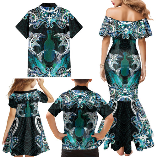 New Zealand Kotiate Weapon Family Matching Mermaid Dress and Hawaiian Shirt Aotearoa Mango Paua Shell Maori Pattern