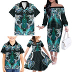 New Zealand Kotiate Weapon Family Matching Off The Shoulder Long Sleeve Dress and Hawaiian Shirt Aotearoa Mango Paua Shell Maori Pattern