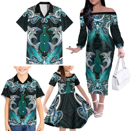 New Zealand Kotiate Weapon Family Matching Off The Shoulder Long Sleeve Dress and Hawaiian Shirt Aotearoa Mango Paua Shell Maori Pattern