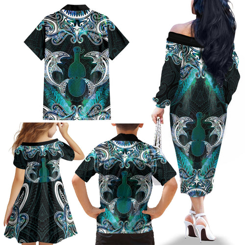 New Zealand Kotiate Weapon Family Matching Off The Shoulder Long Sleeve Dress and Hawaiian Shirt Aotearoa Mango Paua Shell Maori Pattern