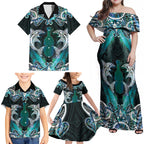New Zealand Kotiate Weapon Family Matching Off Shoulder Maxi Dress and Hawaiian Shirt Aotearoa Mango Paua Shell Maori Pattern