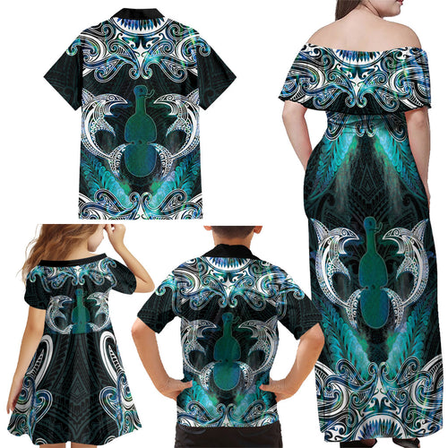 New Zealand Kotiate Weapon Family Matching Off Shoulder Maxi Dress and Hawaiian Shirt Aotearoa Mango Paua Shell Maori Pattern