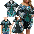New Zealand Kotiate Weapon Family Matching Off Shoulder Short Dress and Hawaiian Shirt Aotearoa Mango Paua Shell Maori Pattern