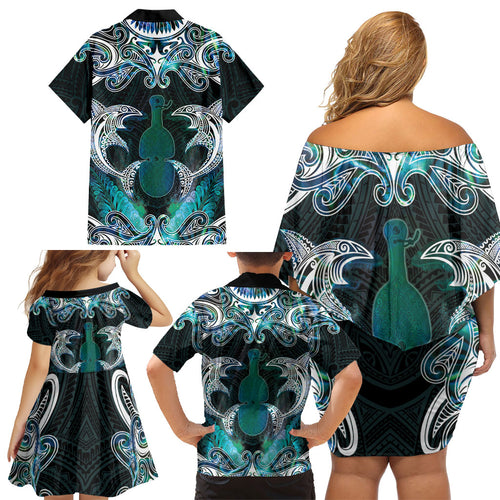 New Zealand Kotiate Weapon Family Matching Off Shoulder Short Dress and Hawaiian Shirt Aotearoa Mango Paua Shell Maori Pattern