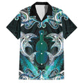 New Zealand Kotiate Weapon Family Matching Off Shoulder Short Dress and Hawaiian Shirt Aotearoa Mango Paua Shell Maori Pattern