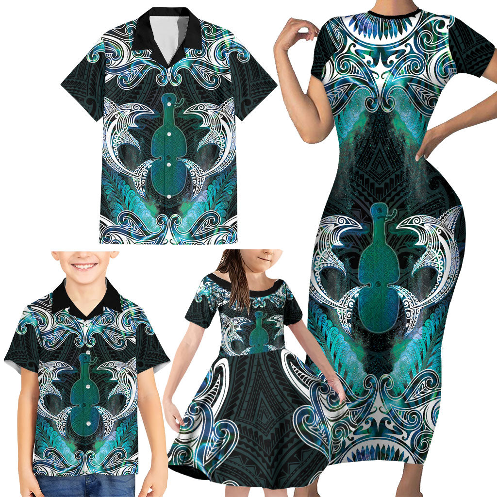 New Zealand Kotiate Weapon Family Matching Short Sleeve Bodycon Dress and Hawaiian Shirt Aotearoa Mango Paua Shell Maori Pattern