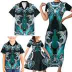 New Zealand Kotiate Weapon Family Matching Short Sleeve Bodycon Dress and Hawaiian Shirt Aotearoa Mango Paua Shell Maori Pattern