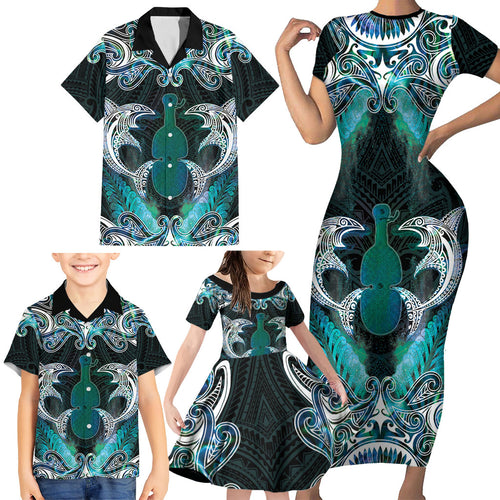 New Zealand Kotiate Weapon Family Matching Short Sleeve Bodycon Dress and Hawaiian Shirt Aotearoa Mango Paua Shell Maori Pattern