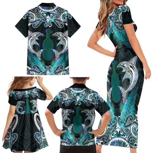 New Zealand Kotiate Weapon Family Matching Short Sleeve Bodycon Dress and Hawaiian Shirt Aotearoa Mango Paua Shell Maori Pattern